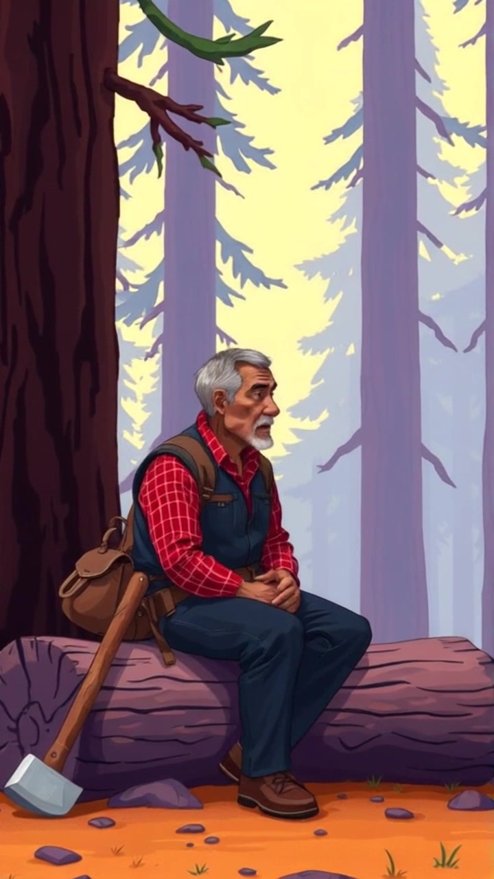 Subject: A person sitting alone on a wooden log, looking thoughtful. Scene: Surrounded by tall trees in a peaceful forest environment, with a small axe resting beside him. Style: Soft, dappled sunlight filtering through the leaves creates a serene atmosphere. Motion: Camera slowly pushes in, capturing the contemplative expression, as the gentle rustling of leaves complements the tranquil setting.