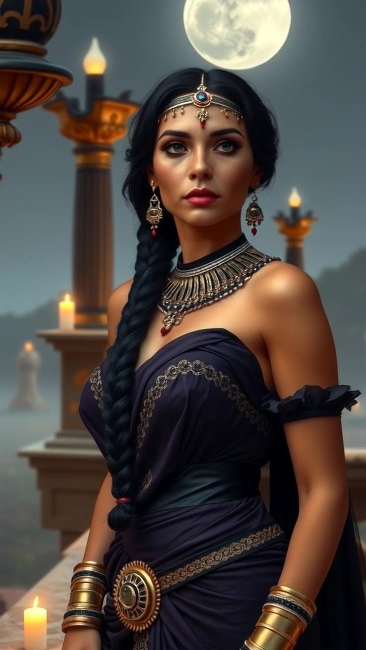 Subject: Cleopatra with a regal presence, draped in ornate jewelry, with a mesmerizing gaze and poised posture. Subject Movement: Stationary, exuding a sense of authority and grace. Scene: Luxurious palace interior, opulent decor, and panoramic views of her kingdom outside grand windows. Camera Language: Slowly push in on Cleopatra, showcasing her majestic aura and the intricate details of her attire. Lighting: Warm, golden-hour light streaming through the windows, casting a soft, flattering glow on Cleopatra. Atmosphere: Regal, majestic, and powerful ambiance enveloping the scene.