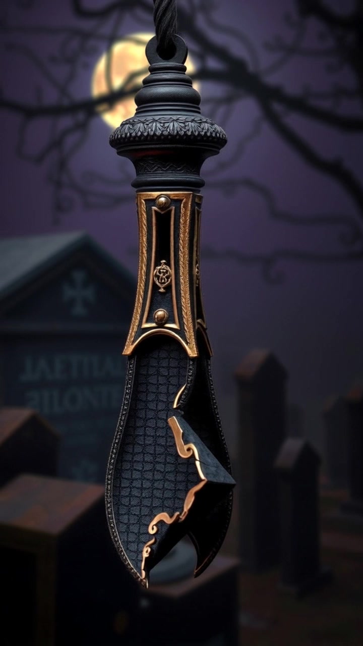 Subject: A broken sistrum symbolizing betrayal in Cleopatra's life, featuring intricate hieroglyphic engravings, missing pieces, and tarnished metal. Subject movement: Stationary, showcasing the fragmented details of the artifact. Scene: Set against a backdrop of ancient Egyptian ruins with dim, flickering torchlight flickering in the shadows. Camera language: Slow circular dolly around the broken sistrum, highlighting its decay and history. Lighting: Low-key illumination with deep shadows and glimmers of light catching on the broken edges. Atmosphere: Mysterious, melancholic, and filled with a sense of ancient history and lost glory.
