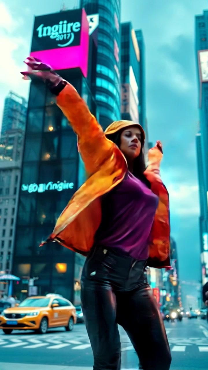 Subject: A dancer executing fluid, graceful movements against a bustling city backdrop. Subject movement: The dancer twirls effortlessly, arms extending outward, flowing seamlessly with the rhythm of the urban environment. Scene: A vibrant cityscape during the day, with skyscrapers and busy streets visible in the background. Lighting: Bright, natural daylight illuminating the scene, creating energetic shadows. Motion: The camera performs a sweeping aerial shot, capturing the dancer's motions as she glides through the frame, gradually zooming in to emphasize her expression and form against the dynamic city life.