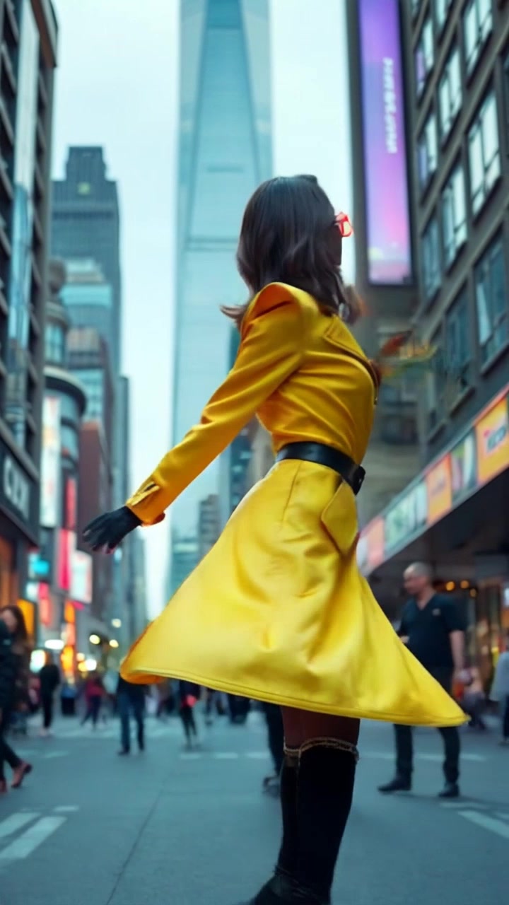 Subject: A dancer performing graceful movements. Subject movement: The dancer twirls and flows elegantly against the bustling city backdrop, their motions fluid and harmonious with the surroundings. Scene: A vibrant urban environment, city skyscrapers glistening in the background as pedestrians bustle by. Style: Soft, ambient evening light casts a warm glow over the scene, enhancing the dancer's movements. Motion: The camera tracks the dancer from a medium-wide shot, capturing their dynamic choreography while slowly panning to reveal the cityscape, emphasizing the contrast between artistry and urban life.