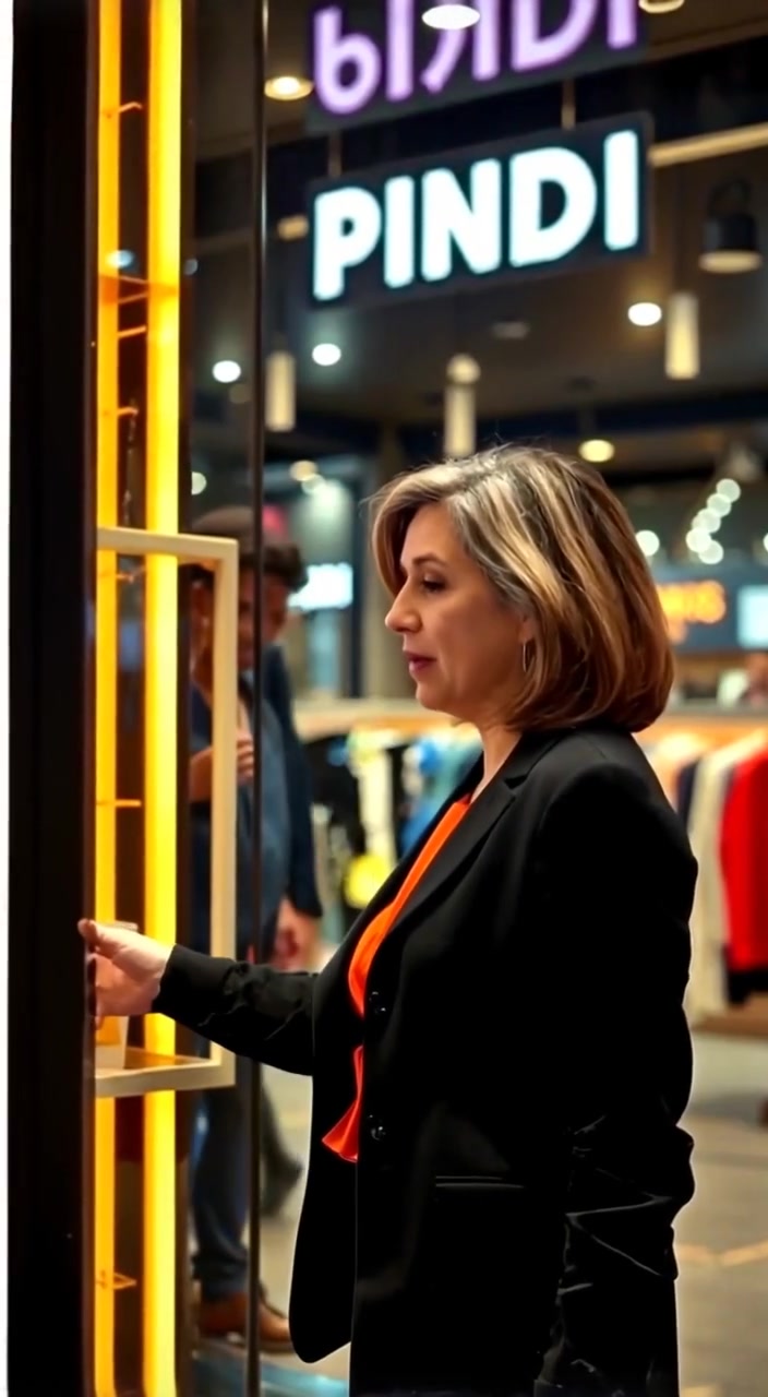 The woman gently examines the sleek displays in the modern store, her reflection shimmering in the polished surfaces.