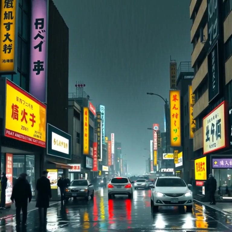 Rain gently falls on a bustling street as neon signs flicker and reflect on wet pavement in the dark.