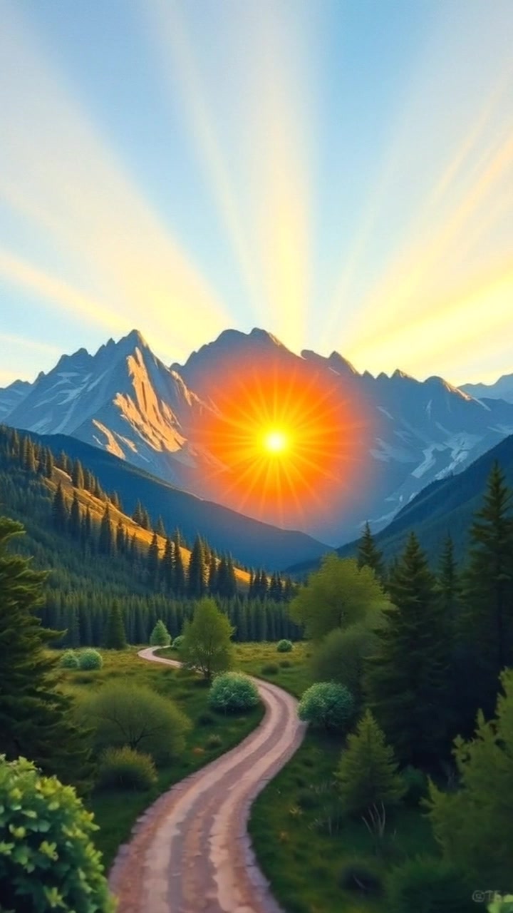 A majestic mountain range during sunrise, symbolizing new beginnings, with a winding trail leading into the distance.