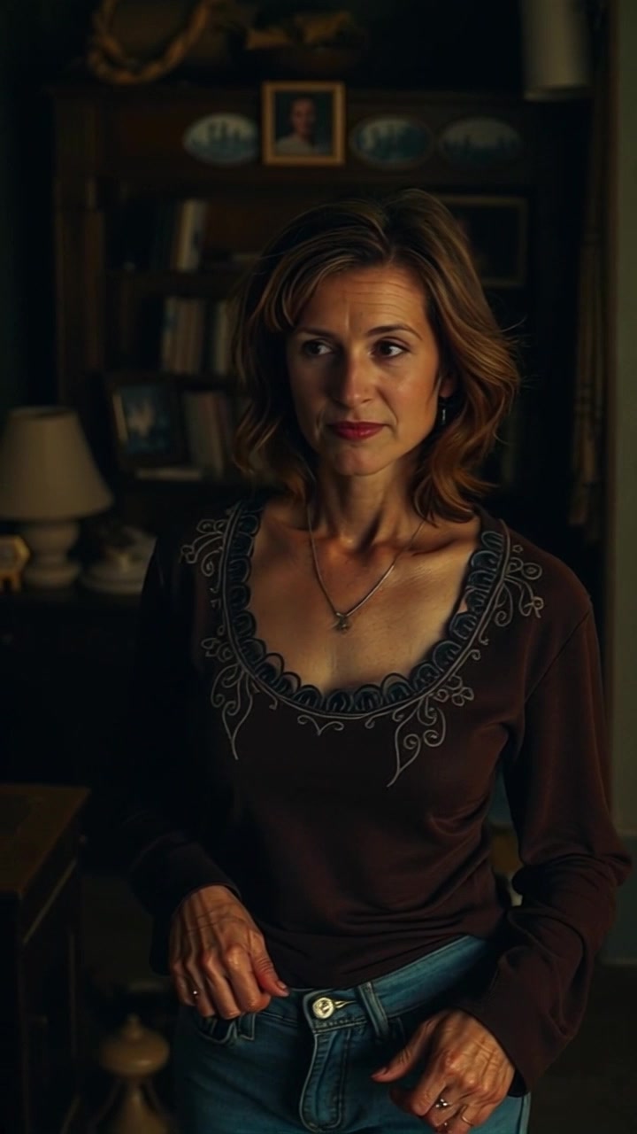 Scene: A dimly lit living room that shows signs of neglect, with worn furniture and scattered items. Style: Shadows dominate the space, creating a moody and somber atmosphere. Motion: The camera slowly pans across the room, revealing the details of the neglect, like peeling paint and dusty surfaces, while a faint light flickers in the corner.