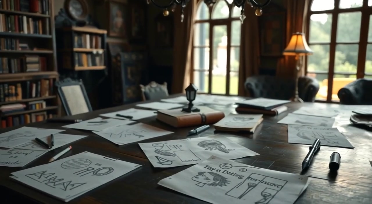 A close-up of a wooden table covered in drawn papers, the sketches scattered across the surface.
