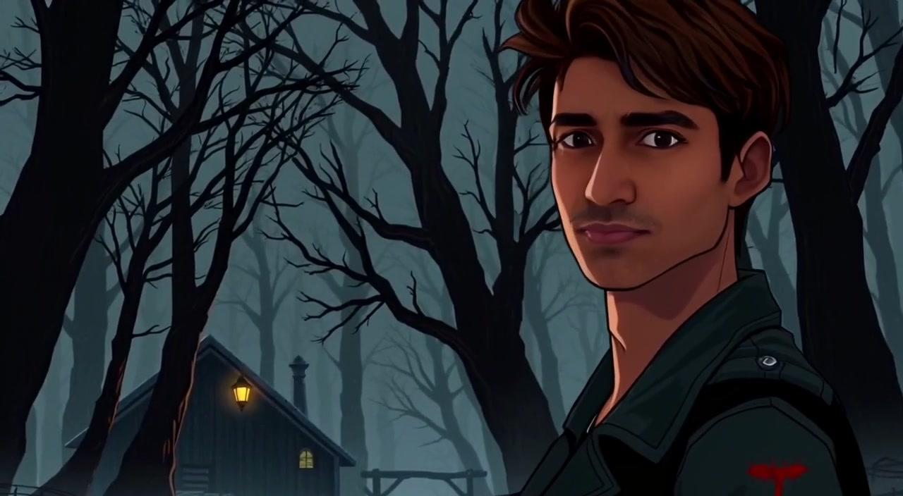 A gentle breeze rustles through the dark forest, casting shifting shadows around the mysterious village.