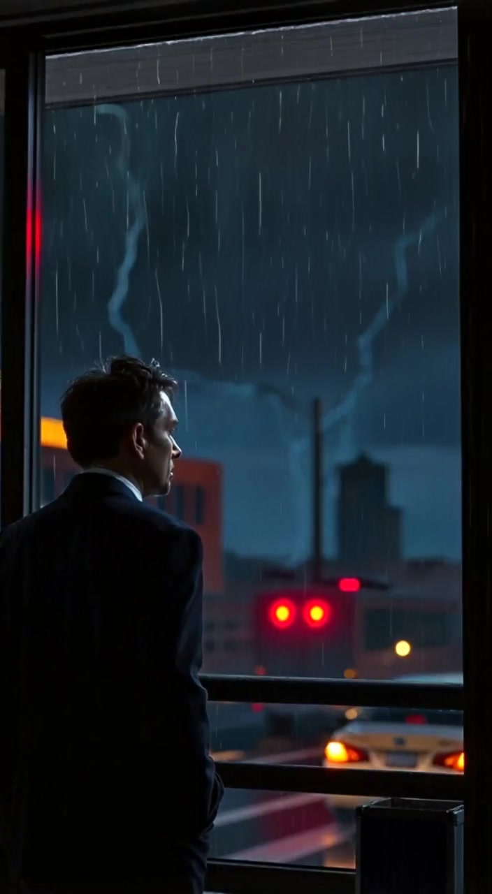 Rain gently patters against the window as thunder rumbles softly in the distance.
