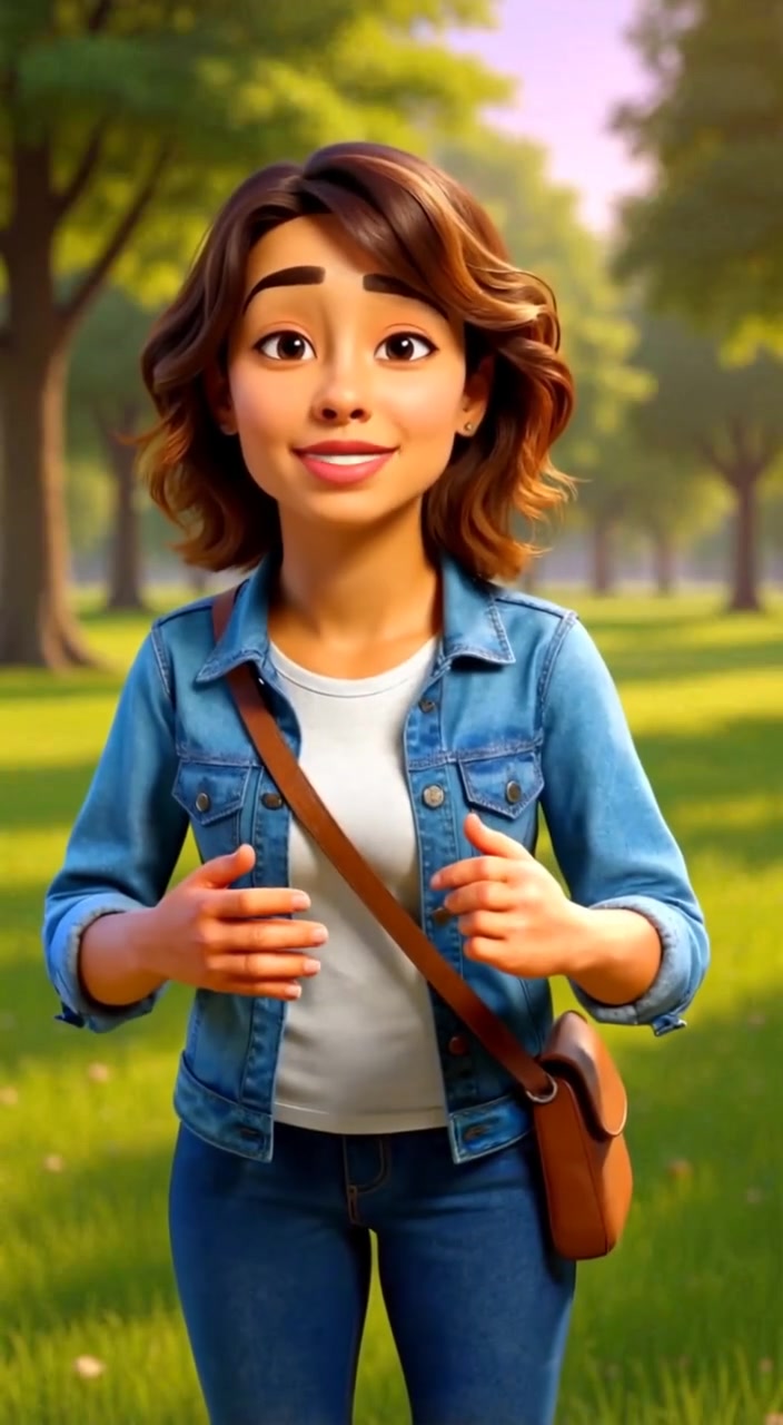 The woman gestures animatedly, speaking with enthusiasm toward the camera in a vibrant outdoor setting.