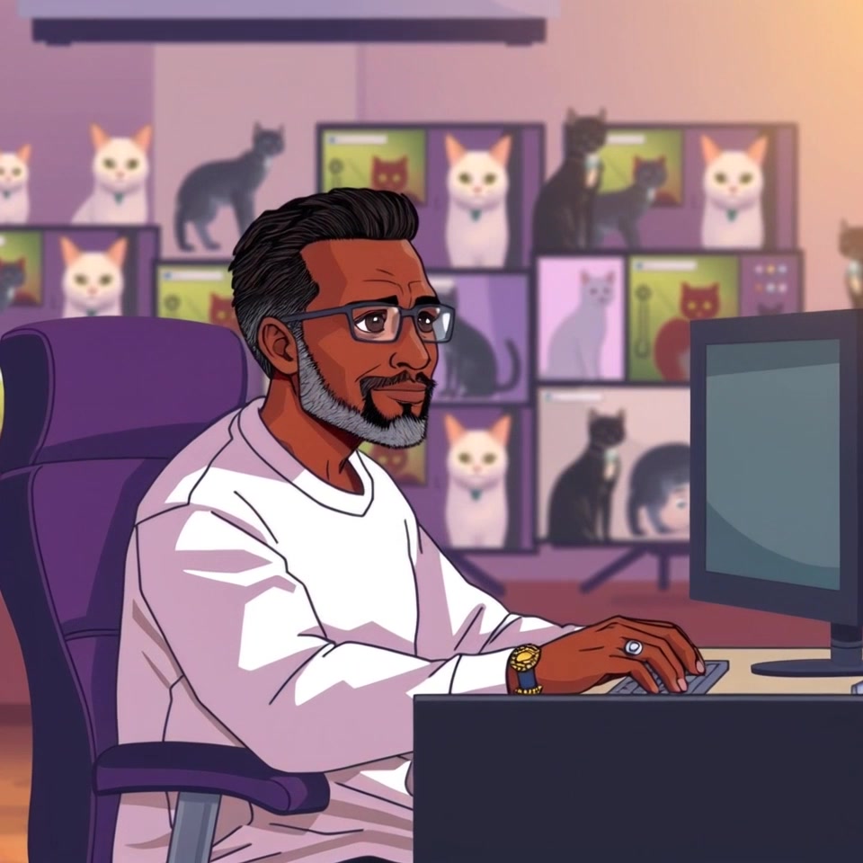 Scene: A dedicated narrator at a cluttered desk, intensely focused on video editing with multiple screens displaying different clips, surrounded by notes and equipment. Style: Soft ambient lighting balanced with the glow of the computer screens, creating a cozy work atmosphere. Motion: The camera smoothly pushes in toward the narrator, capturing the details of the editing process, while the screens shift and change, reflecting the creative energy of the moment.
