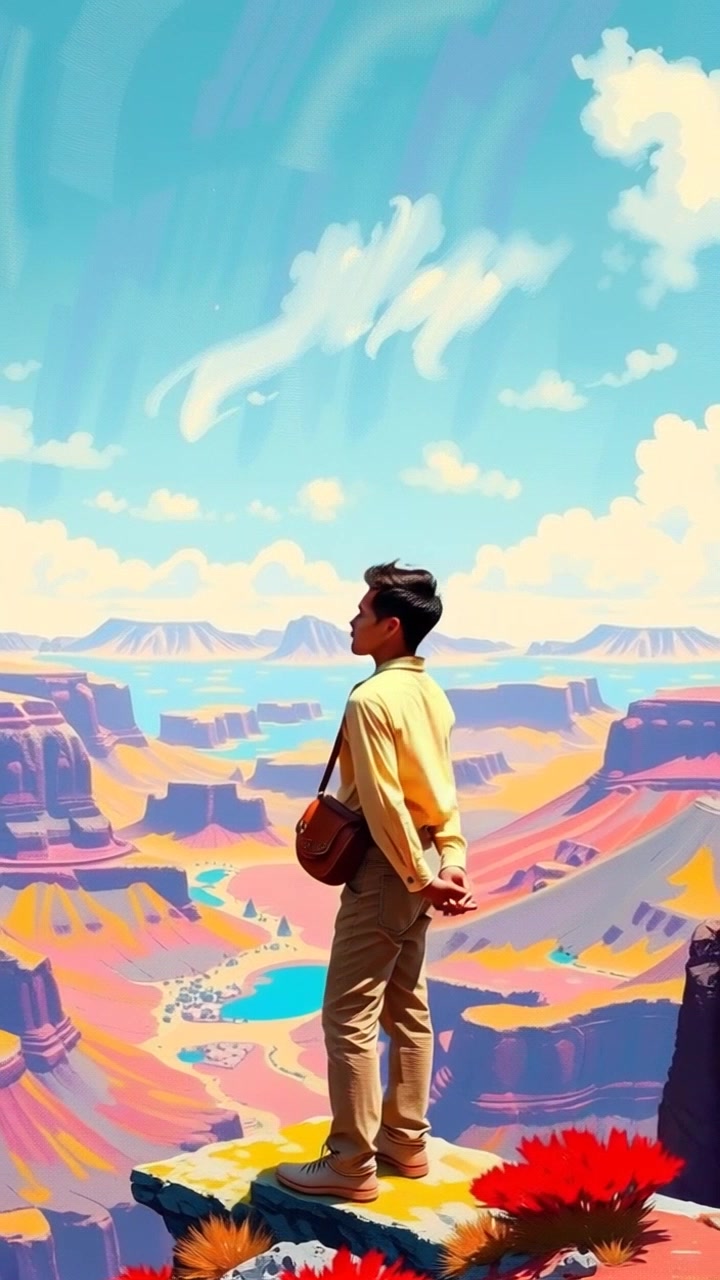 Subject: A determined young man on a mountain peak. Subject movement: He stands tall, surveying the breathtaking landscape below. Scene: A vast mountainous landscape under a bright sky. Style: Crisp morning light illuminating the scene with soft shadows. Motion: The camera begins with a close-up of the man's resolute expression, then pulls back to reveal the expansive view, capturing the stunning heights and depth of the mountains.