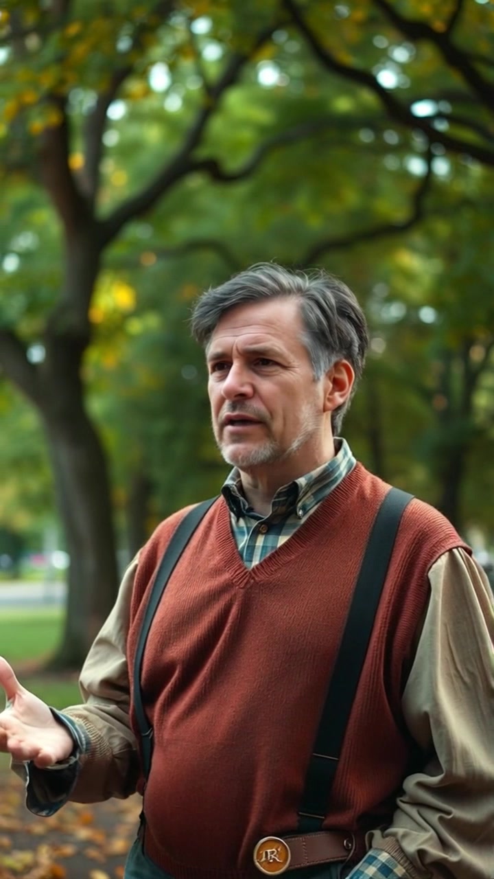 Scene: You standing in a tranquil park, surrounded by lush green trees, addressing an unseen audience with a thoughtful demeanor. Style: Soft morning light filtering through the leaves, casting gentle shadows on the ground. Motion: The camera slowly zooms in on you as you gesture expressively, capturing the serene backdrop of the park, with the rustling leaves adding to the peaceful atmosphere.