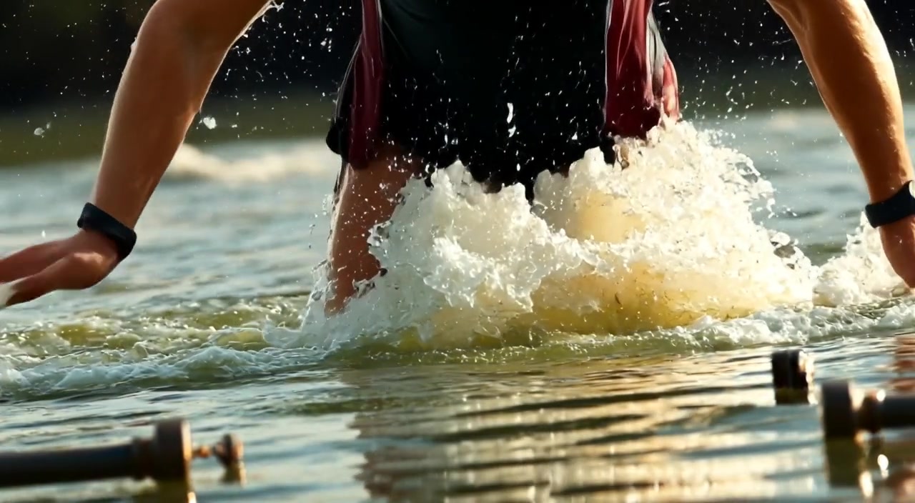 The man tumbles into the water, arms flailing as splashes erupt around him, creating ripples on the surface.