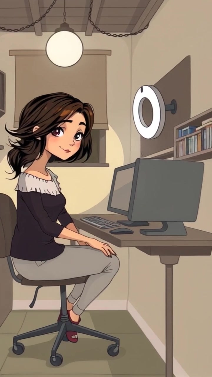 Scene: A cozy home studio featuring a computer setup, a ring light illuminating the workspace, and a comfortable chair positioned for the Video Host. Style: Warm, inviting lighting creating a soft atmosphere. Motion: The camera gently pans around the studio, capturing the details of the setup before focusing on the glowing ring light.