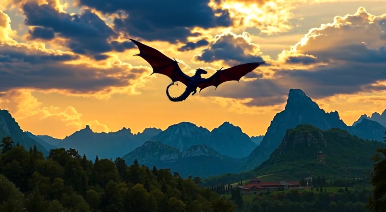 A dragon soars gracefully against a dramatic sky over majestic mountains, casting a long silhouette on the landscape.