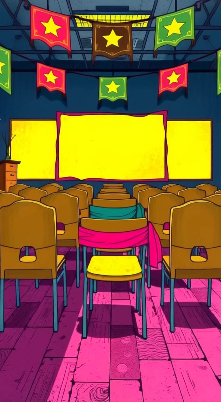 The camera gently pans across the decorated classroom, capturing colorful banners and empty chairs awaiting the ceremony.