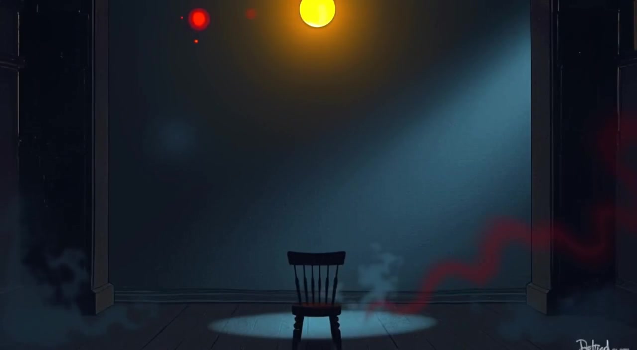 The light flickers gently overhead, casting moving shadows across the empty chair in the dimly lit room.