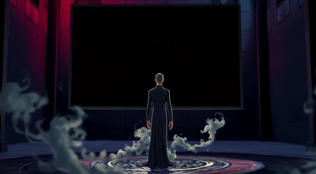 The figure stands still as mist swirls gently around, creating an eerie atmosphere in front of the dark screen.