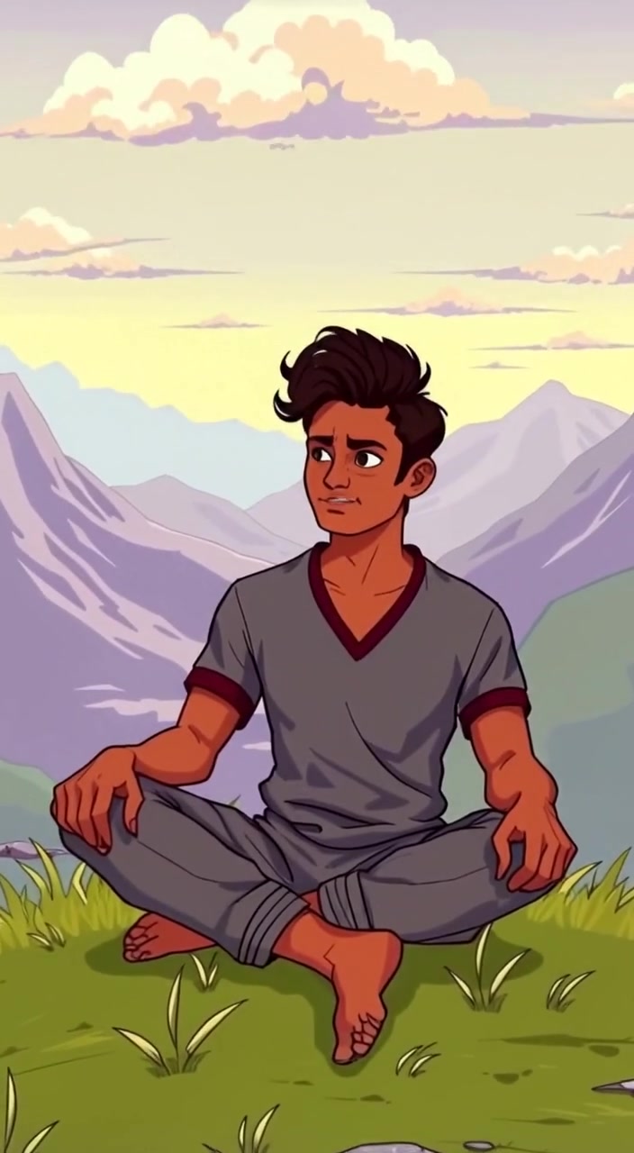 The man breathes deeply as a gentle breeze rustles the grass around him.