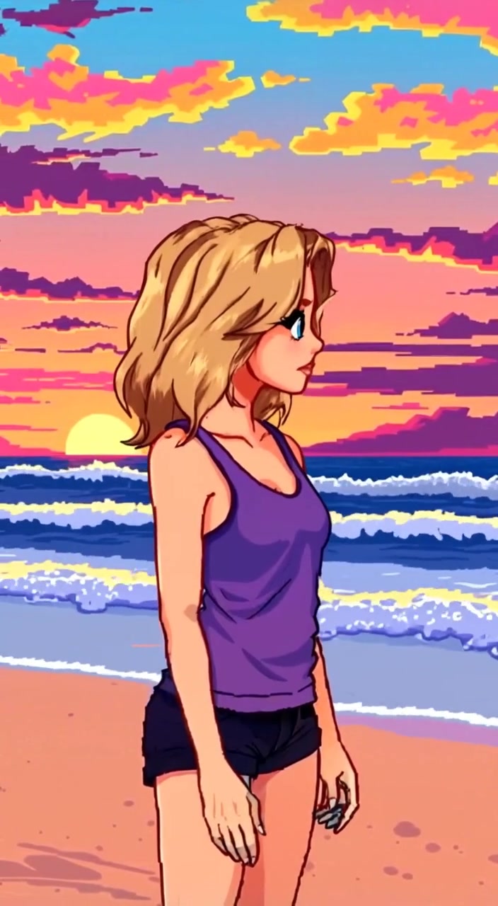 The woman gazes at the gently rolling waves as the sun sets in the background.