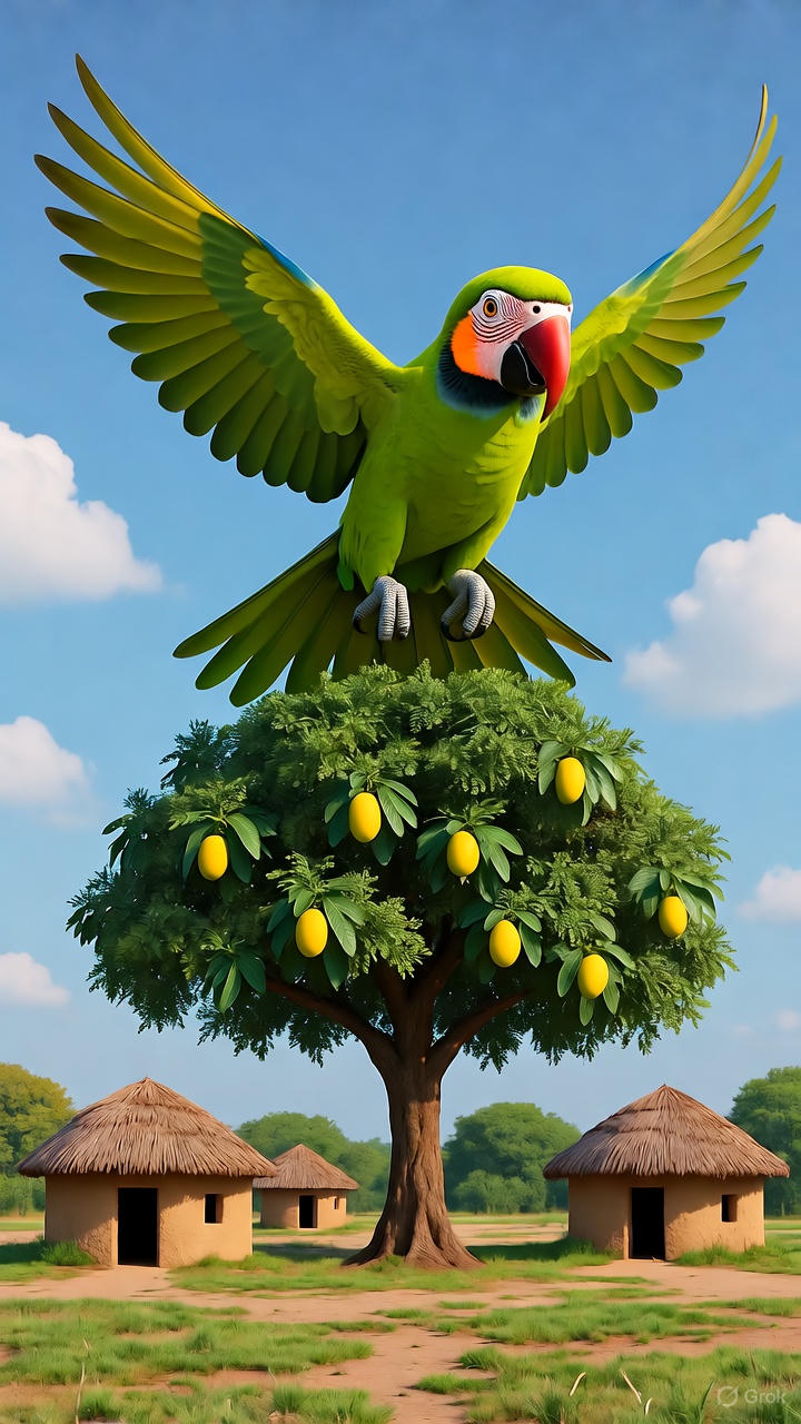 A Parrot's Mango Tree Adventure in a Vibrant Village