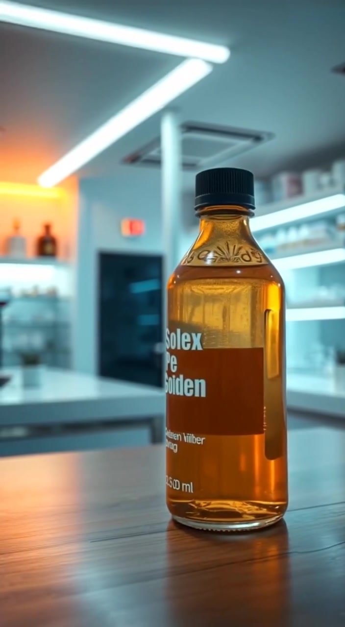 A close-up of a bottle labeled 'Solex Pe Golden' on a wooden table.