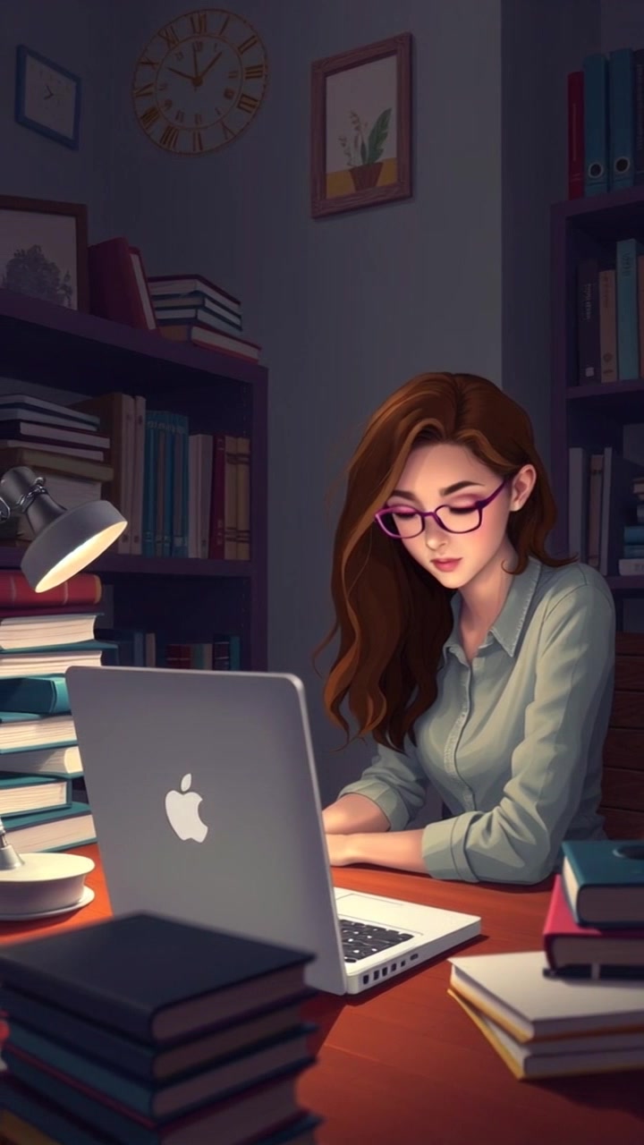 Subject (Dimly lit room, Cluttered desk with books and laptop, Soft glowing light) + Subject movement (Still) + Scene (Desk in dimly lit room) + Camera Language (Slow zoom in, Pan across the desk) + Lighting (Soft ambient light) + Atmosphere (Cozy, intimate)