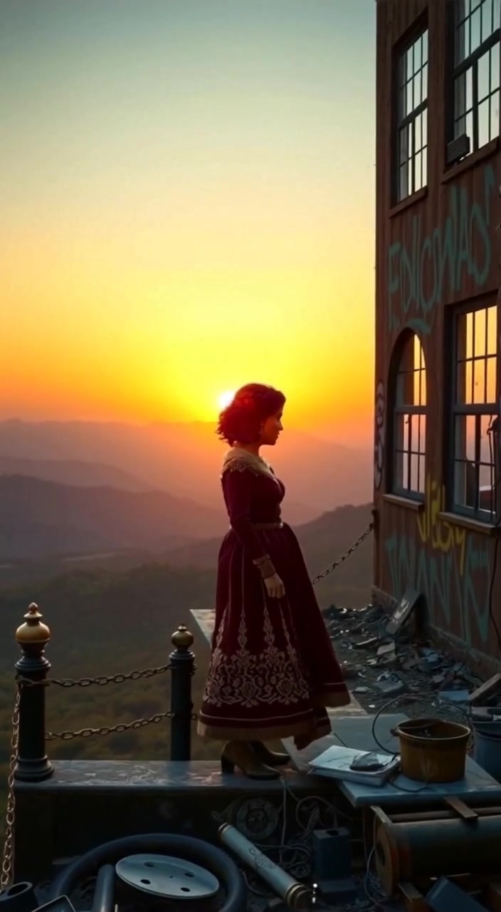 The figure stands proudly on the hilltop, gazing toward the mountains as the sunset paints the sky.