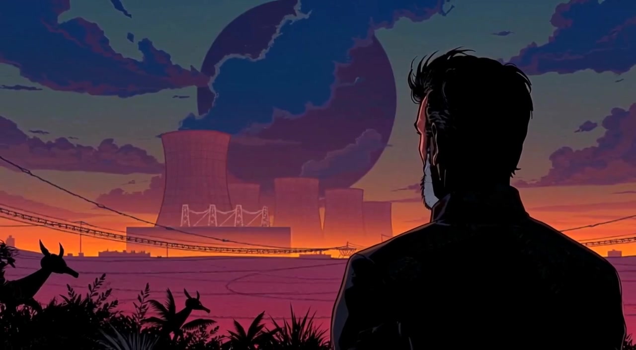 A shadowy figure stands silently in front of a nuclear facility as dark clouds gather overhead.