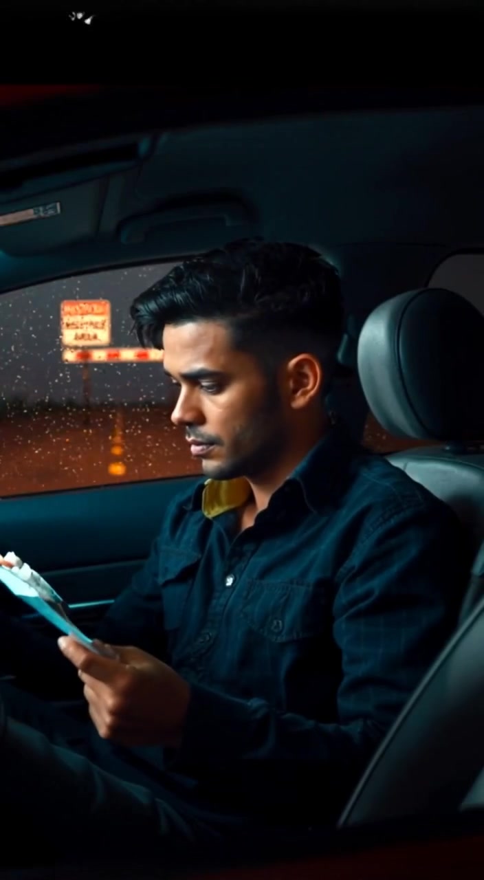 A close-up of the Narrator holding a map, sitting in a patrol car.