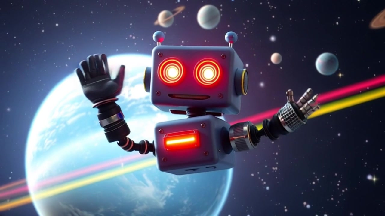 A colorful outer space scene with planets, stars, and a smiling robot named Sun waving.