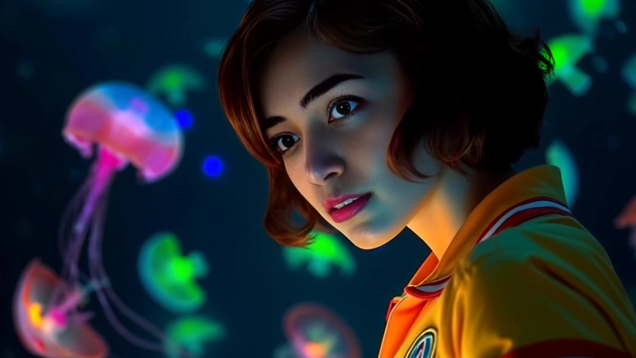 Subject: A detective in a bright pool uniform, scrutinizing the clear water with focused intensity. Scene: A vibrant, outdoor swimming pool surrounded by lush greenery, sunlight dancing on the water surface. Motion: The camera pushes in slowly, capturing Maria's expression as she tilts her head slightly, examining the pool's depths, while warm, afternoon light enhances the inviting atmosphere.
