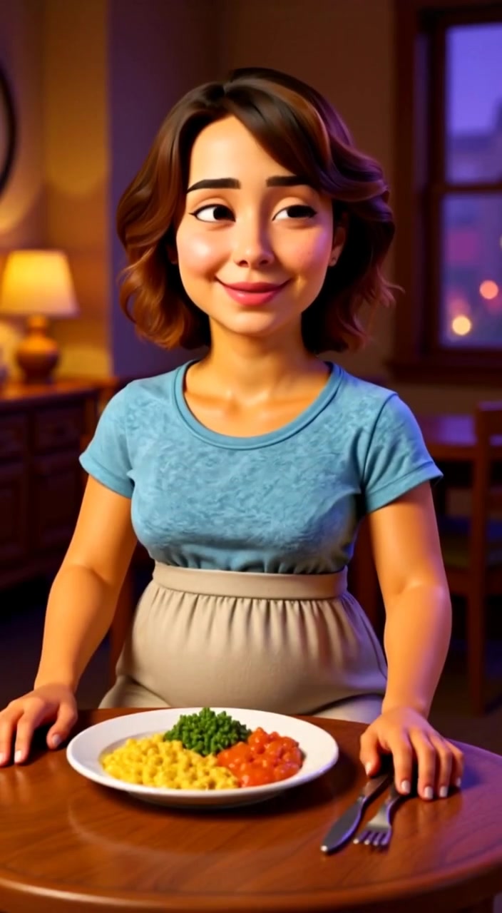 The woman smiles gently, savoring each bite of her meal under the soft, warm light.