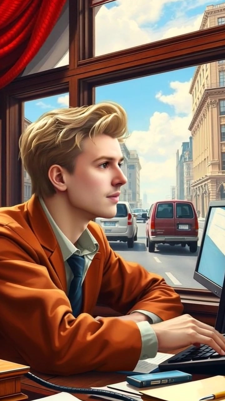 Subject: A young man sitting at a desk. Subject movement: He leans slightly forward, gazing pensively out the window at the bustling city traffic below. Scene: A cozy office with warm wood tones, soft lighting illuminating scattered papers and a laptop. Style: Morning light filtering through the window, creating a calm and reflective atmosphere. Motion: The camera slowly zooms in on the young man's contemplative expression while panning gently to capture the vibrant city life outside.