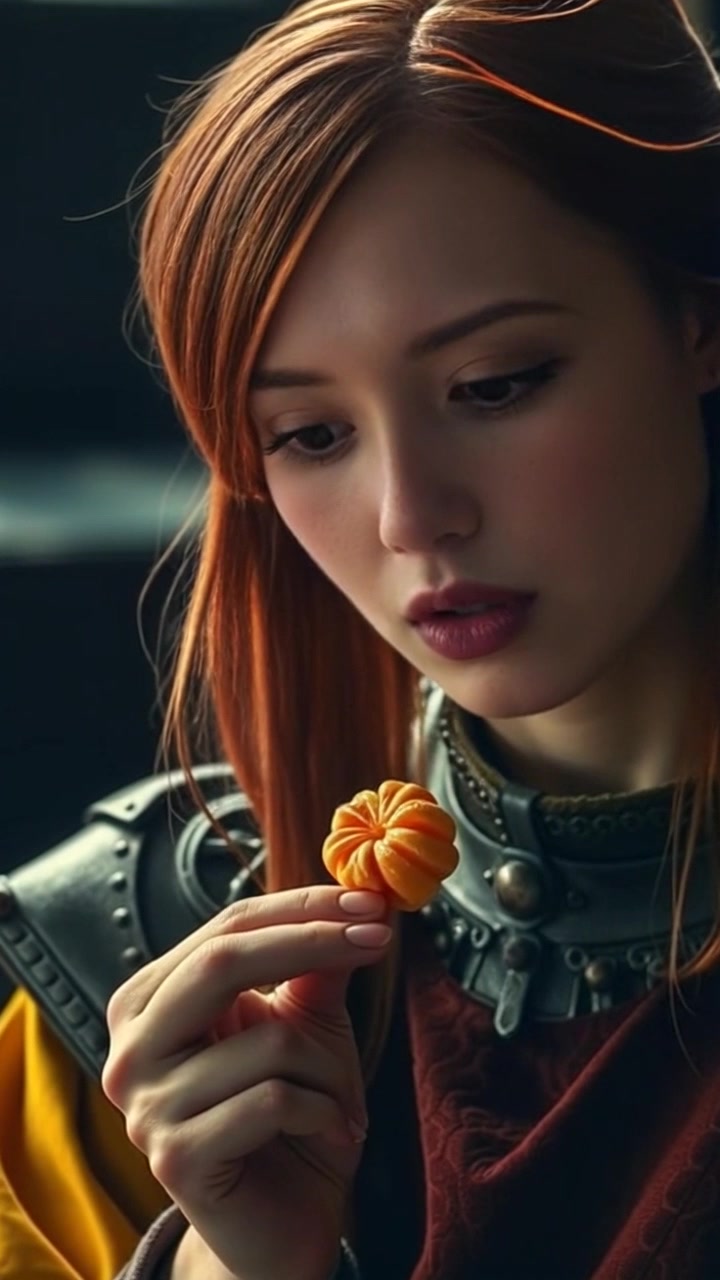 Subject: A person holding a wax crunchy candy, lips parted slightly. Scene: An intimate close-up of the subject's face, showcasing the vibrant candy in focus. Style: Bright, inviting lighting that highlights the texture of the candy and the subject's expression. Motion: The camera slowly pushes in, drawing attention to the small details of the candy and the anticipation in the subject's expression.