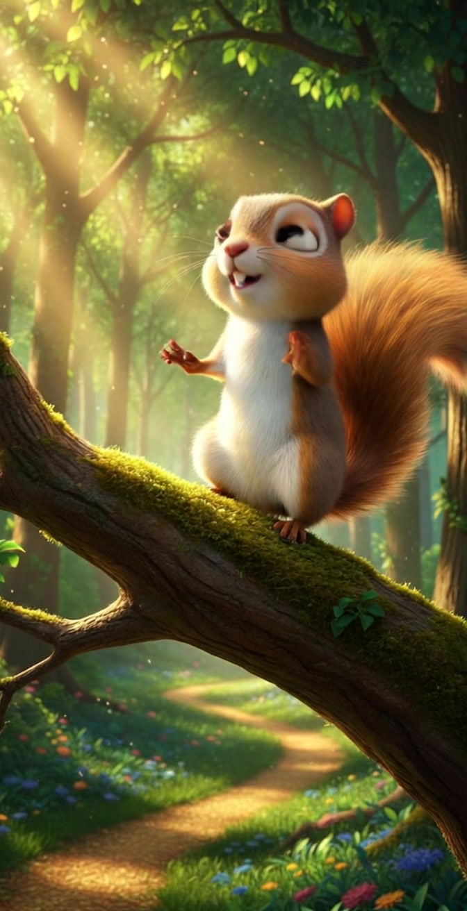 A vibrant forest scene with tall trees and dappled sunlight, featuring Sparkle Squirrel standing on a branch, looking excited.