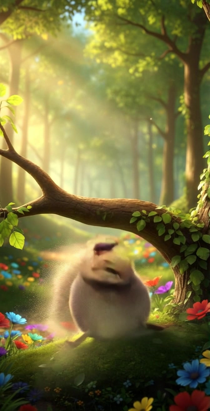 Sparkle Squirrel, with a cheerful expression, is leaping from a tree branch onto a soft bed of moss, surrounded by colorful flowers.