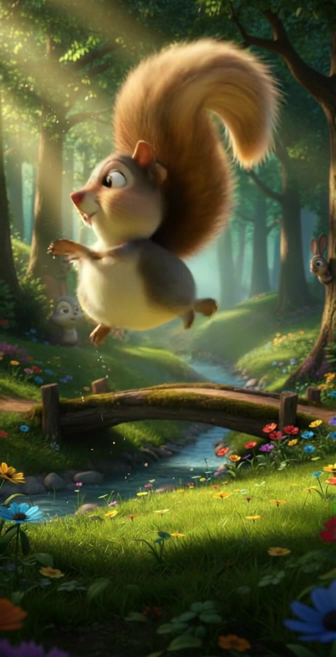 Sparkle Squirrel bouncing through a bright green forest, surrounded by colorful flowers and vibrant foliage.