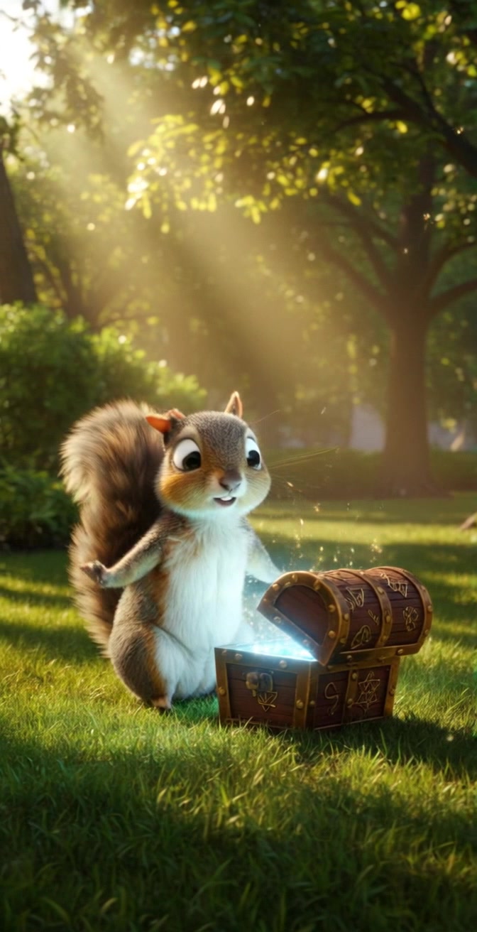 Sparkle Squirrel excitedly stands beside a glowing magical chest surrounded by stars in a sunny forest clearing.