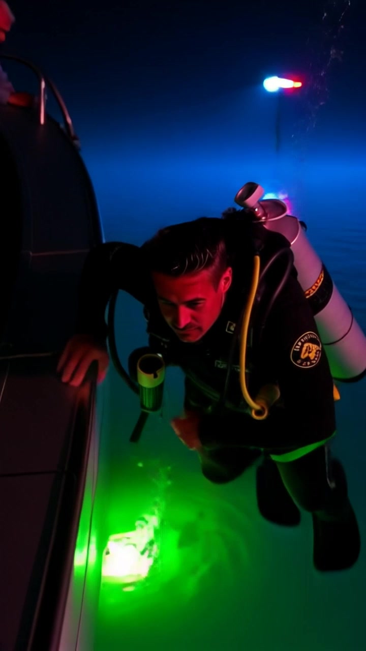 Subject: A diver in a wetsuit poised at the edge of a boat. Subject movement: The diver takes a deep breath and gracefully leaps off the side of the boat into the calm waters below. Scene: Crystal-clear tropical waters with vibrant marine life visible beneath the surface, framed by the sleek hull of the boat. Style: Bright, midday light reflecting off the water's surface, creating playful glimmers. Motion: Camera follows the diver's descent in a smooth, downward tracking shot, capturing the moment of entry with splashes of water surrounding him.
