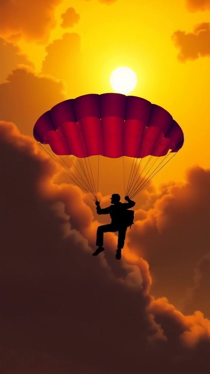 Subject: A silhouette of a man with a parachute. Subject movement: The man descends steadily through thick, dark clouds, the parachute billowing above him as he glides downwards. Scene: A stormy sky filled with swirling clouds, creating a dramatic backdrop. Lighting: Diffused light filtering through the clouds, casting a mysterious and moody atmosphere. Motion: The camera follows the descending silhouette, moving in a smooth downward arc, enhancing the sense of free-fall and tension in the scene.