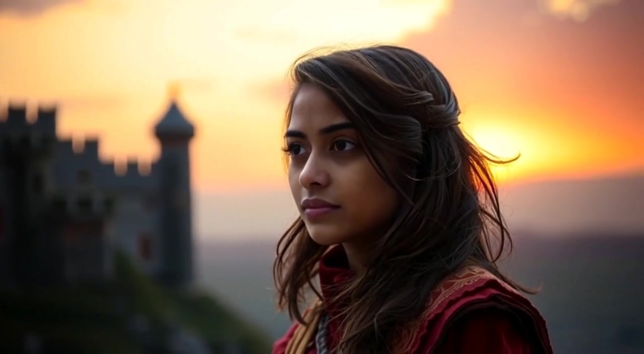 The girl gazes thoughtfully into the distance as the sunset paints the sky with warm colors.