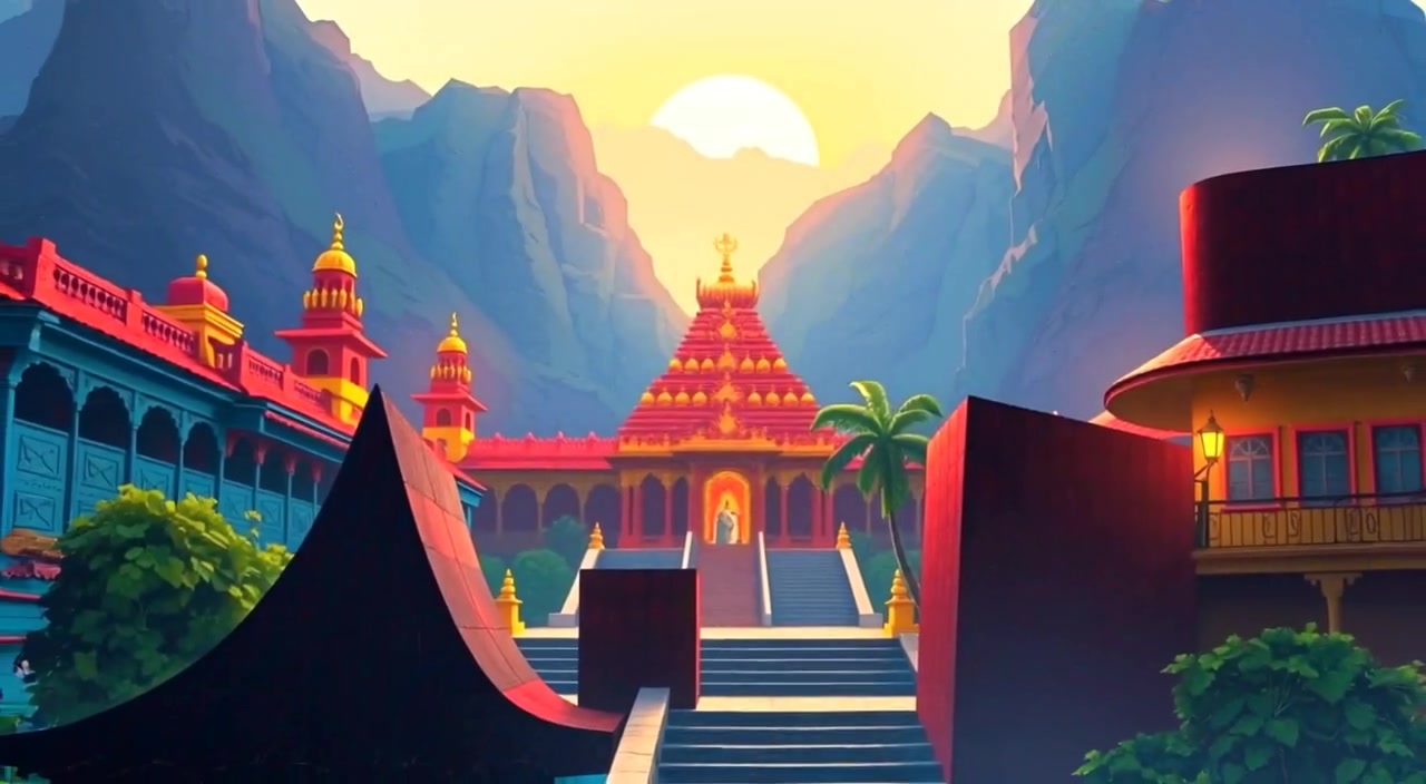 Soft morning light gently illuminates the colorful temple, as a light breeze sways nearby flowers.