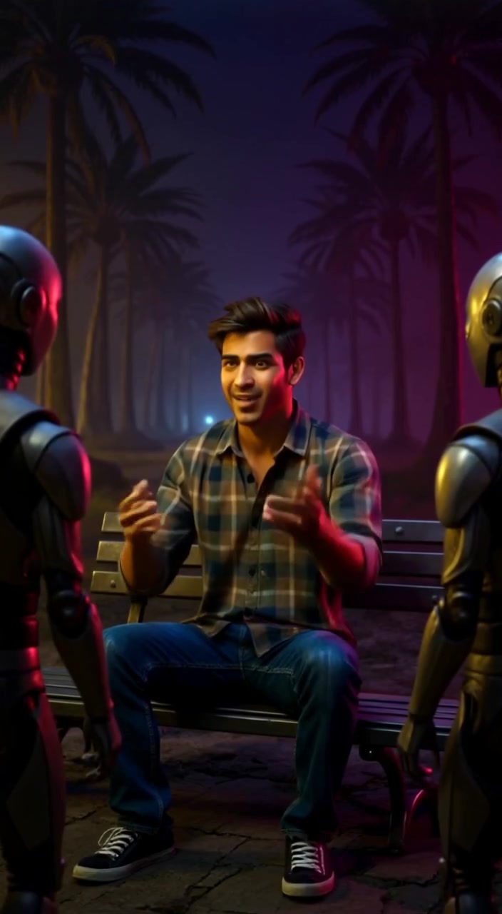 The man animatedly gestures with his hands while speaking on a metallic bench in a park of robotic trees.