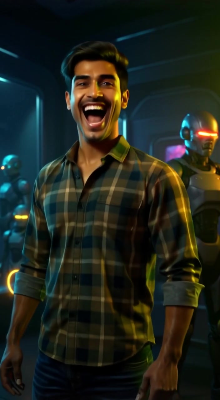 The man laughs joyfully as colorful digital holograms swirl and dance around him in mid-air.