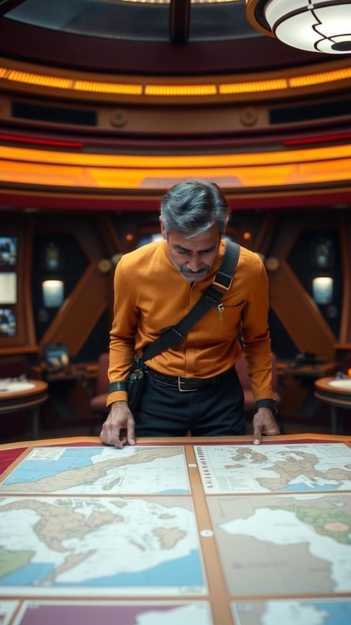 Scene: Vorlag stands in a dimly lit war room, surrounded by maps and strategies spread across a large table, the atmosphere tense and focused. Style: Ambient lighting with a slight glow illuminating the table's surface, casting deep shadows on the walls. Motion: The camera moves in slowly from a wide angle, capturing the layout of the room before pushing in to emphasize Vorlag's intense concentration on the plans.