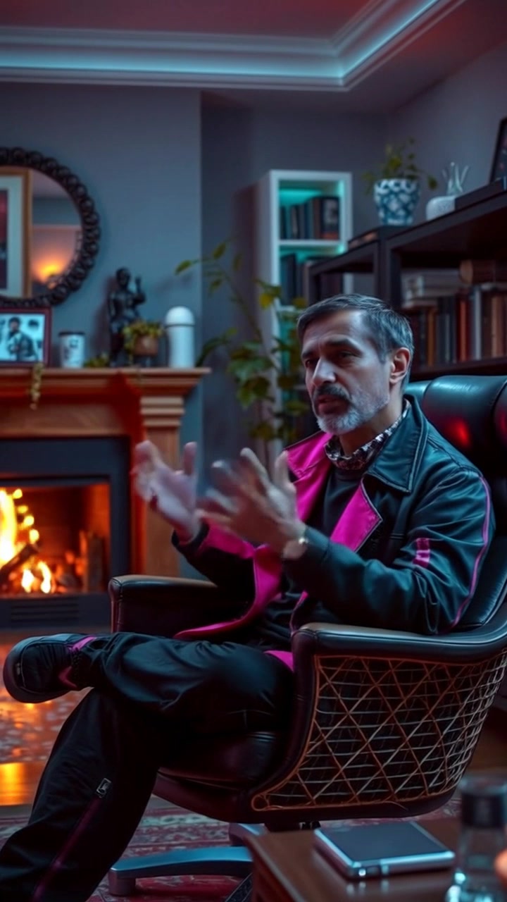 Subject: A middle-aged South Asian man seated in a comfortable armchair. Subject movement: He gestures animatedly while speaking, conveying warmth and enthusiasm. Scene: A cozy living room featuring a warm fireplace, stocked bookshelves, and inviting decor that enhances the atmosphere. Style: Soft, ambient lighting casting gentle shadows and creating an inviting mood. Motion: The camera performs a slow push-in towards the speaker, focusing on his expressive gestures while revealing the comfort of the surrounding living room.