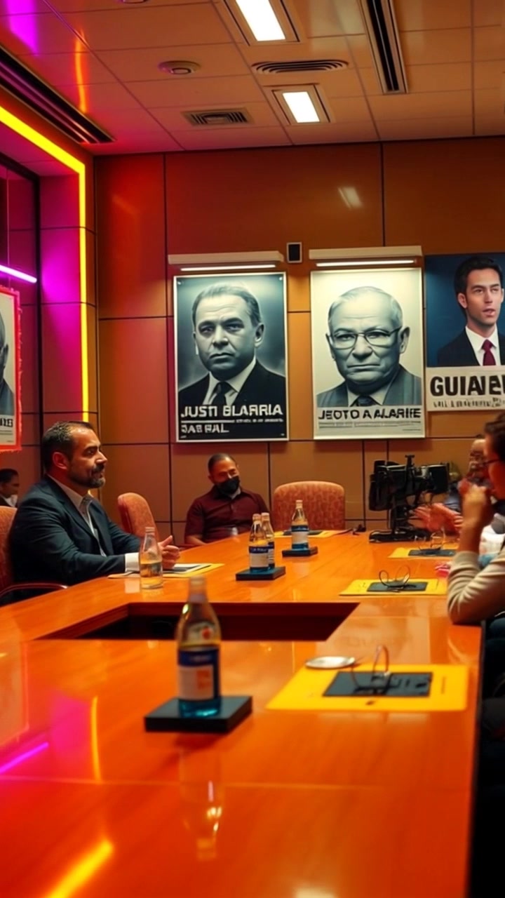 Scene: A conference room with a long table, adorned with political posters on the walls, where a group of people engage in an enthusiastic discussion. Style: Bright, natural lighting flooding the room, creating an inviting atmosphere. Motion: The camera pans smoothly around the table, capturing animated gestures and expressions as ideas are exchanged, bringing the dynamic conversation to life.