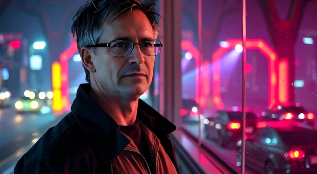 The man gazes thoughtfully out the large window as raindrops gently slide down the glass.