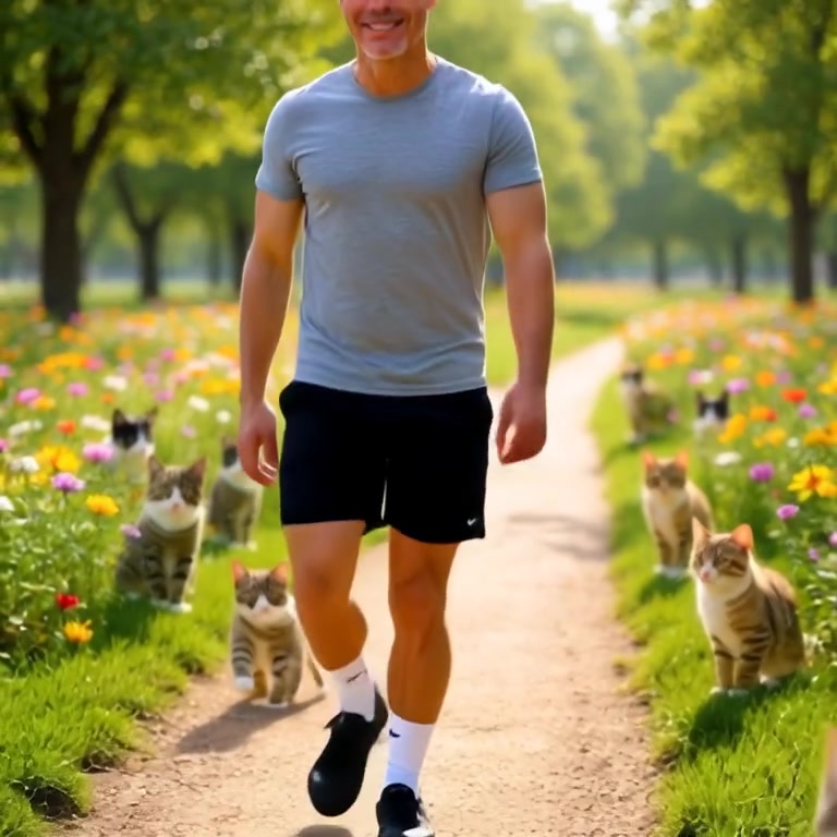 A man strolls confidently along a serene garden path, vibrant flowers gently swaying in the soft breeze.